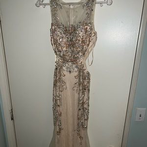 Beaded champagne color prom dress!! Size 2, only worn once!!